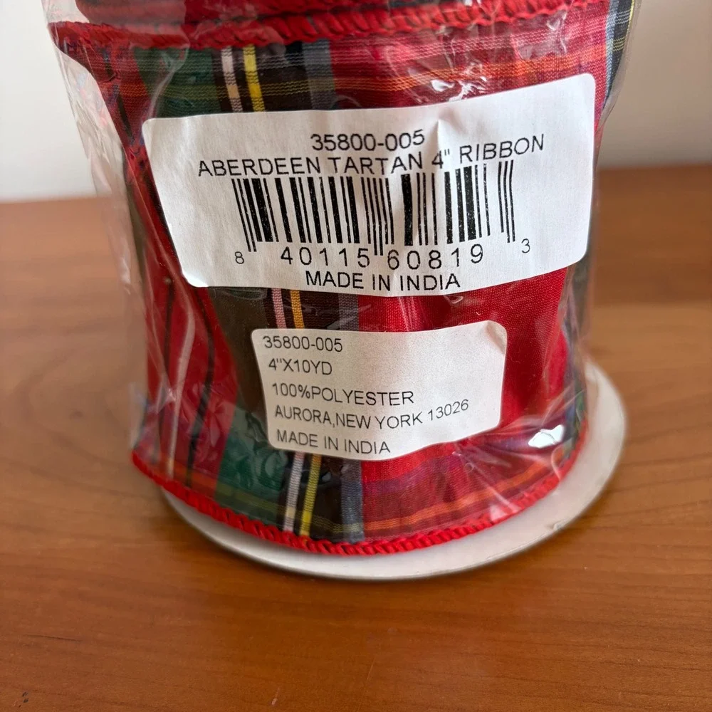 MacKenzie-Childs Aberdeen Tartan Wired Ribbon 4in x 10yd Red Green Plaid